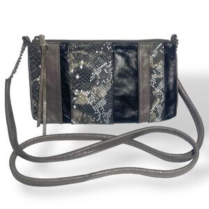 Vintage Hobo Crossbody Shoulder Bag WOC Grey Snake Print Genuine Leather 9x5 in